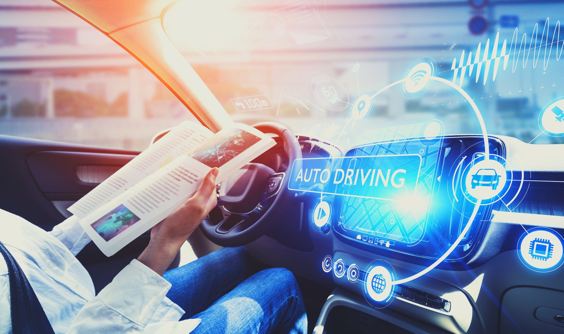 young woman reading a magazine in a autonomous car. driverless car. self-driving vehicle. heads up display. automotive technology.