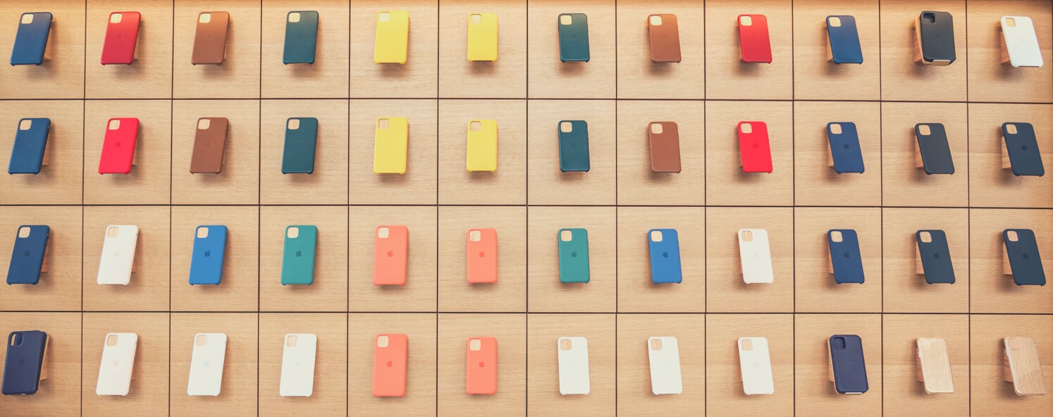 AVENTURA, FLORIDA, USA - SEPTEMBER 20, 2019: Apple iphone 11 series protection cases hanging on the wall in Apple store in Aventura Mall